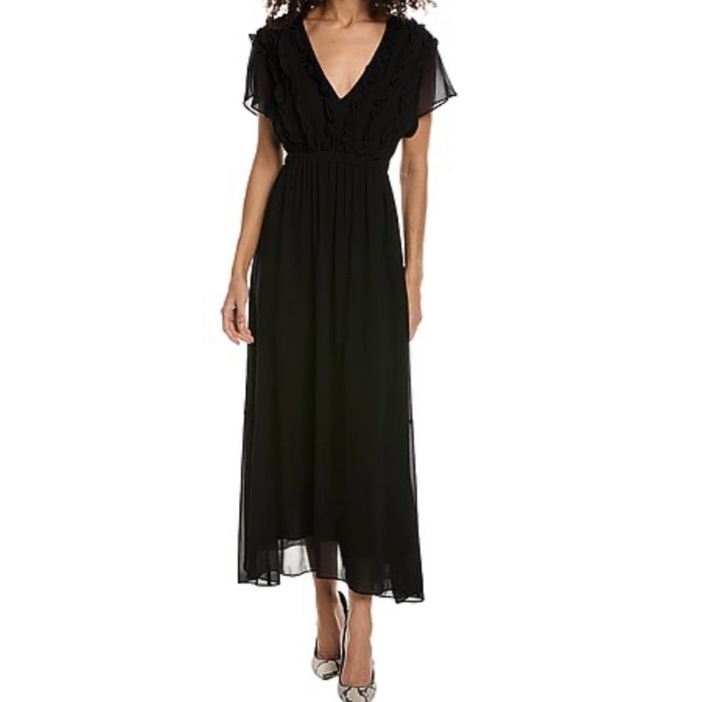 NWT The Kooples Black Ruffle Midi Dress with Tie Back in Size 1 (Small/4)